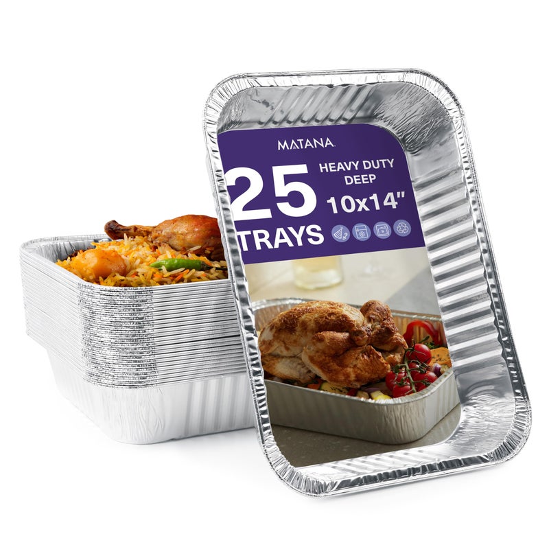MATANA 10x14 inch Aluminum Pans Foil Trays (25 Pack) Disposable Baking Tin Foil Pan, Half Size Deep Steam Table Pan, Aluminum Tray, Great for Oven Roasting, Chafing, Heating, Serving Food, Parties - Image 1